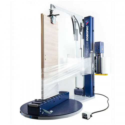 Machine pour banderolage à film étirable pour l’emballage de portes, fenêtres et d’autres produits finis et semi-finis de l’industrie des fenêtres et des portes et l’industrie du bois