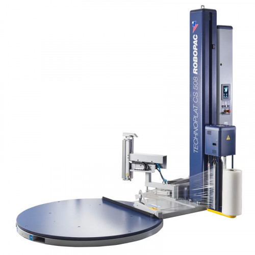 Banderoleuse semi-automatique à table tournante avec système indépendant de pince, coupe et plaquage ou soudure du film